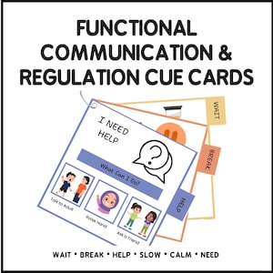 Può includere: Schede di riferimento per la comunicazione e la regolazione funzionale. Le schede presentano il testo "Ho bisogno di aiuto" e "Cosa posso fare?" con illustrazioni di bambini e suggerimenti come "Parla con un adulto" e "Alza la mano". Le schede sono etichettate con parole come "Aspetta" e "Pausa".