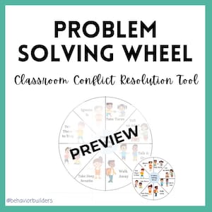 Può includere: Un poster con bordo turchese con il testo "PROBLEM SOLVING WHEEL" e "Classroom Conflict Resolution Tool". Il poster presenta un diagramma circolare con passaggi illustrati per la risoluzione dei conflitti, tra cui "Ignore It", "Take Turns" e "Walk Away".