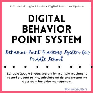 May include: A white graphic with the text "DIGITAL BEHAVIOR POINT SYSTEM" in bold black letters. Below, in a script font, it reads "Behavior Point Tracking System for Middle School." The bottom text describes an editable Google Sheets system.