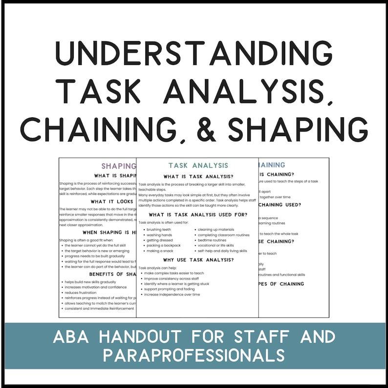 Task Analysis, Chaining, & Shaping | ABA Handout for Staff and ...