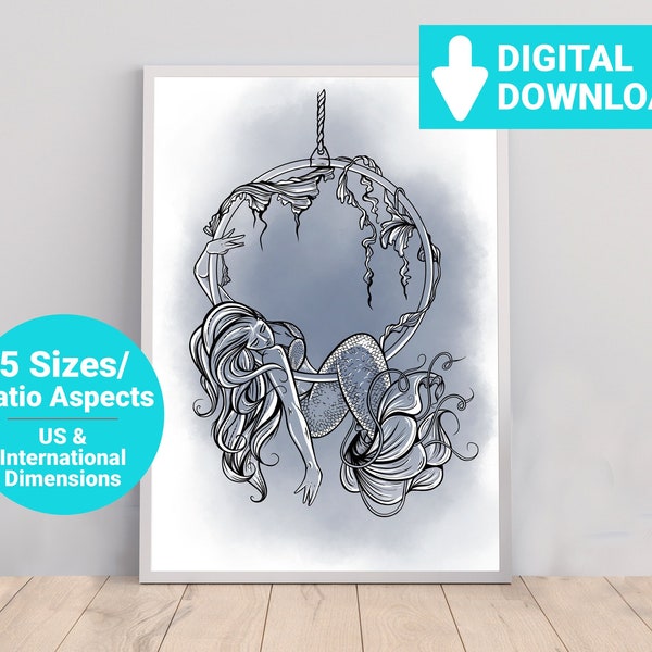 Mermaid Aerial Hoop - Printable Illustration - Digital Download - Aerial Silks - Yoga - Pole dance - Gift for Aerialists - Instant