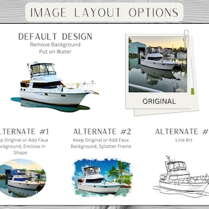 May include: An image showcasing various layout options for a boat design. The options include a default design with the boat on water, an original photo, and alternate designs with different backgrounds and styles, including line art.