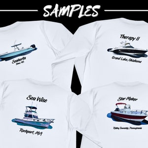 May include: White long-sleeve shirts with boat illustrations. Each shirt features a different boat design with text: "Se&ntilde;orita", "Therapy II", "Sea Wise", and "Star Maker", along with their respective locations.