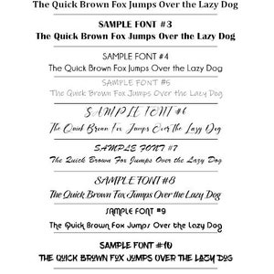 May include: A white background displays 12 font samples, each numbered and showcasing the phrase "The Quick Brown Fox Jumps Over the Lazy Dog." The fonts vary in style, from classic to script, offering a range of design options.