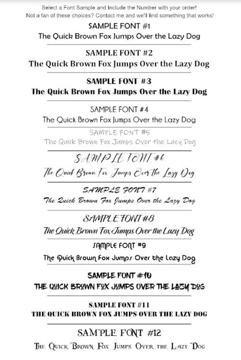 May include: A white background displays 12 font samples, each numbered and showcasing the phrase "The Quick Brown Fox Jumps Over the Lazy Dog." The fonts vary in style, from classic to script, offering a range of design options.