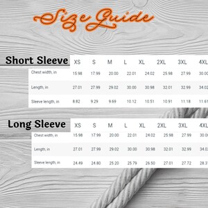 May include: A size guide for short and long sleeve shirts, with measurements in inches. The guide includes chest width, length, and sleeve length for sizes XS to 4XL. The text "Size Guide" is at the top.