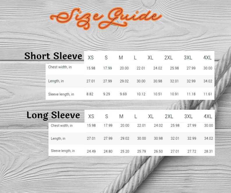 May include: A size guide for short and long sleeve shirts, with measurements in inches. The guide includes chest width, length, and sleeve length for sizes XS to 4XL. The text "Size Guide" is at the top.