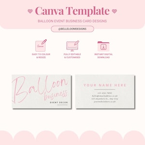 Plantilla de tarjeta de presentación para eventos con globos de Canva 1, planificador de eventos, factura, información del cliente, formulario de cotización, seguimiento de gastos y servicios
