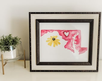 MARYLAND ART: Watercolor Art. Art Print. Maryland Gift. Maryland Map. Maryland Decor. Black Eyed Susan.