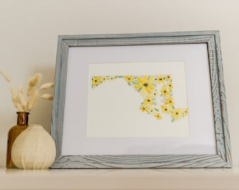 MARYLAND STATE: Watercolor Art. Floral Art Print. Maryland Gift. Maryland Map. Maryland Decor. Black Eyed Susan.