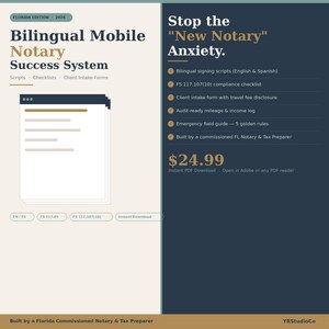May include: A digital product advertisement for a "Bilingual Mobile Notary Success System." The design features text in white and gold on a teal and cream background. The product includes scripts, checklists, and client intake forms. The text "Stop the 'New Notary' Anxiety" is also displayed.