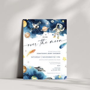 Inviti per baby shower a tema spaziale, cospargi l'invito con astronauta esterno, galassia, pianeta sulla luna, stampabile, download digitale IPSDG0