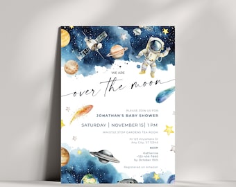 Space Themed Baby Boy Shower Invitations Sprinkle Outer Astronaut Galaxy Planet Over The Moon Invite Printable Digital Download IPSDG0