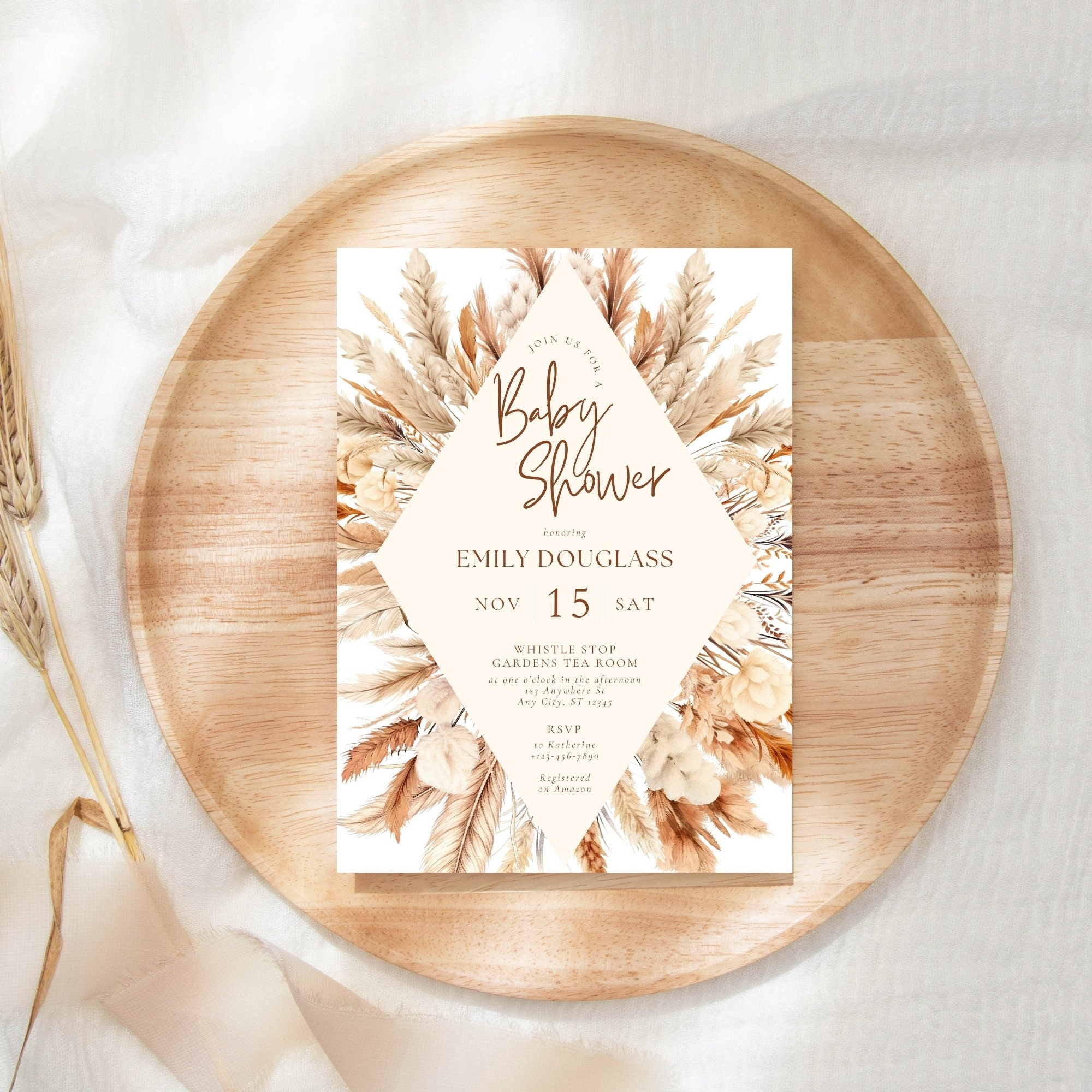 Pampas Baby Shower Invite Boho Grass Gender Neutral Boy Girl Bohemian Invite Digital Editable Printable Instant Download Template XOVBJUFV34