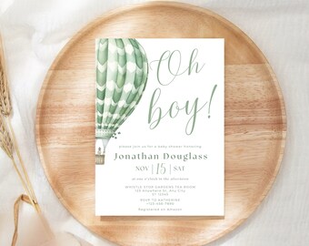 Hot Air Balloon Baby Shower Invitation Oh Boy Oh Baby Green Watercolor Custom Instant Digital Download Editable Template Invite SGJVCK67