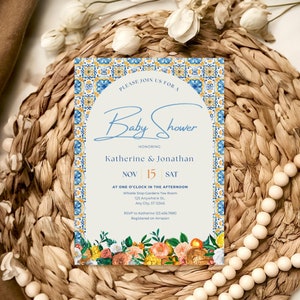 Italian Themed Baby Shower Invite Citrus Mediterranean Lemon Orange Positano Blue Tile Invitation Digital Editable Printable PIVXSG8