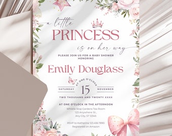 A Little Princess is on Her Way Baby Shower Party Invite Baby Girl Shower Invitation Blush Pink Floral Canva Template Digital Editable BBYI0
