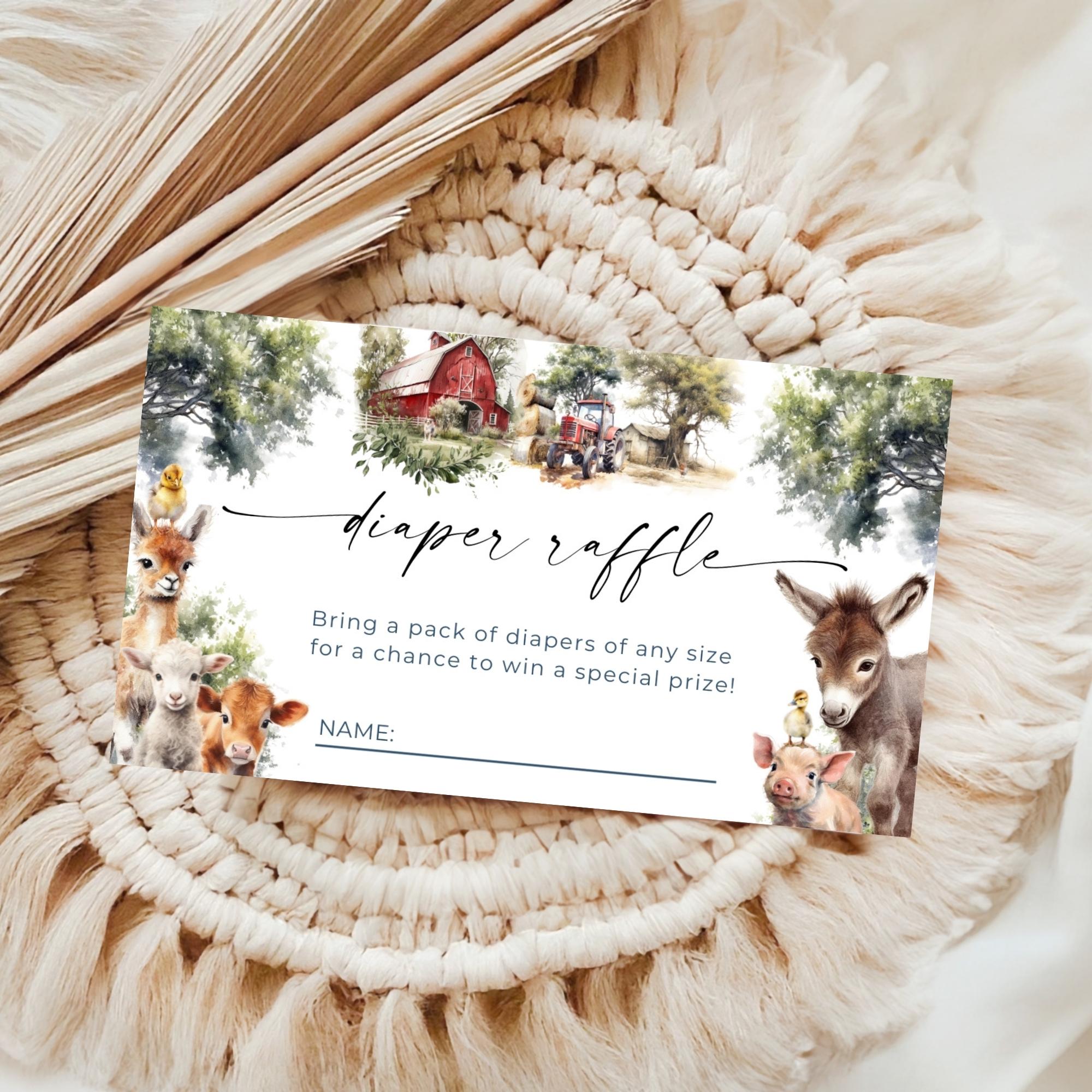 Farm Animal Baby Shower Diaper Raffle Card Ticket Insert Game Barnyard ...