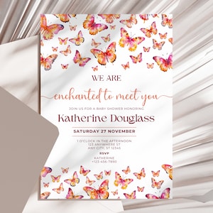 Baby Shower Digital Invitation Enchanted to Meet You Butterfly Watercolor Theme Girl Digital Or Printed Customizable Editable Template BUSO4