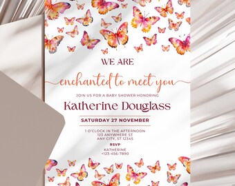 Baby Shower Digital Invitation Enchanted to Meet You Butterfly Watercolor Theme Girl Digital Or Printed Customizable Editable Template BUSO4