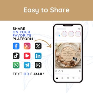 Puede incluir: Imagen que promueve compartir f&aacute;cilmente un anuncio de nacimiento en plataformas de redes sociales. La imagen incluye iconos de redes sociales, un tel&eacute;fono que muestra un anuncio de nacimiento y el texto "Easy to Share" y "Text or E-mail!"