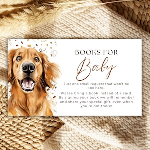 Livres Golden Retrievers pour bébé Insert de carte Baby shower garçon fille Enceinte d'invitation Téléchargement numérique instantané Modèle modifiable Canva GRB1