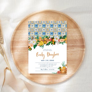 Italian Themed Baby Shower Invite Citrus Mediterranean Lemon Orange Positano Blue Tile Invitation Digital Editable Printable URTGV21