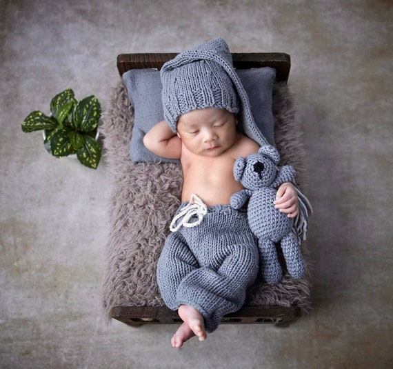 2Pcs Newborn Baby Boy Knit Crochet Photo Outfit Photography Props Romper 