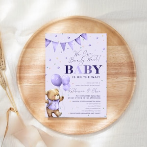 We Can Bearly Wait Purple Teddy Bear Baby Shower Invite Balloon Shower Teddy Bear Shower Girl Boy Neutral Gender Boho Bear Invitation YGHJV0