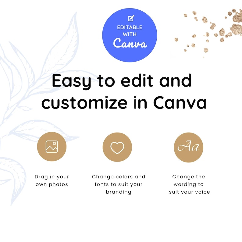Puede incluir: Fondo blanco con texto e iconos. El texto dice "F&aacute;cil de editar y personalizar en Canva". Los iconos incluyen una foto, un coraz&oacute;n y las letras "Aa". La imagen tambi&eacute;n incluye el texto "Editable con Canva".