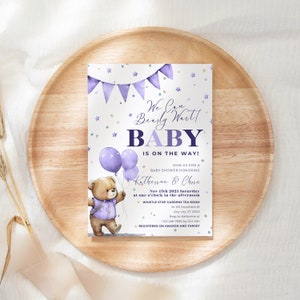 We Can Bearly Wait Purple Teddy Bear Baby Shower Invite Balloon Shower Teddy Bear Shower Girl Boy Neutral Gender Boho Bear Invitation PBB1
