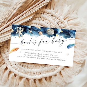Libros para baby shower con temática espacial para insertar tarjetas de bebé, astronauta exterior, galaxia, planeta sobre la luna, imprimible digital Canva UCHKL02
