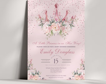 A Little Princess is on Her Way Baby Shower Party Invite Baby Girl Shower Invitation Blush Pink Floral Canva Template Digital Editable YUAL2
