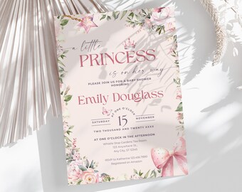 A Little Princess is on Her Way Baby Shower Party Invite Baby Girl Shower Invitation Blush Pink Floral Canva Template Digital Editable PBGU1