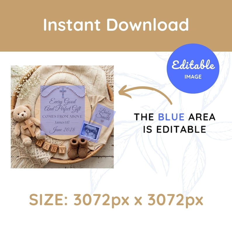 Puede incluir: Anuncio de beb&eacute; para descarga digital. La imagen presenta un letrero morado claro con el texto "Every Good And Perfect Gift Comes From Above James 1:17 June 2028". Tambi&eacute;n se incluyen un osito de peluche, patucos y una ecograf&iacute;a. El texto "Baby Smith" es visible.
