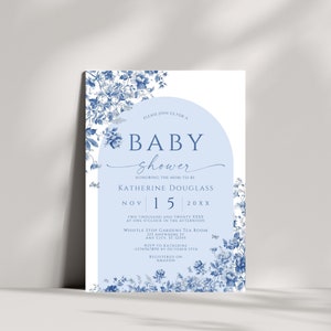 Toile de jouy baby shower uitnodiging moeder als bloemen stoffig blauw botanisch elegant klassiek instant digitale download bewerkbare uitnodiging UITYB07