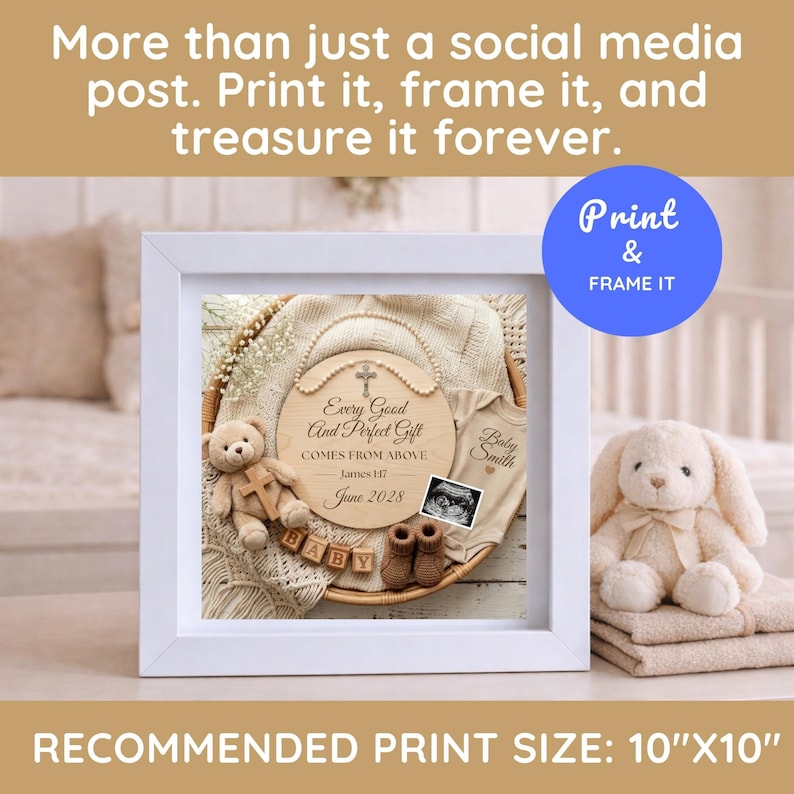 Puede incluir: Una impresi&oacute;n enmarcada con tem&aacute;tica de beb&eacute; con un letrero de madera, un osito de peluche, ropa de beb&eacute; y una imagen de ultrasonido. El letrero dice "Every Good and Perfect Gift" y "June 2028". El tama&ntilde;o de impresi&oacute;n es de 25,4 cm x 25,4 cm.