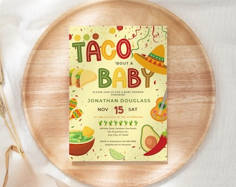 May include: A yellow and green baby shower invitation with the text "Taco 'Bout a Baby" and a cartoon taco, guitar, and avocado. The invitation includes the date, time, and location of the shower, as well as the name of the honoree, Jonathan Douglass.