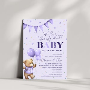 We Can Bearly Wait Purple Teddy Bear Baby Shower Invite Balloon Shower Teddy Bear Shower Girl Boy Neutral Gender Boho Bear Invitation YGHJV0