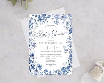 Toile de Jouy Baby Shower Boy Invitation Floral Dusty Blue Botanical Elegant Classic Instant Digital Download Editable Invite TUCB90