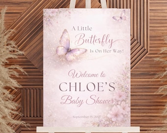 Butterfly Baby Shower Welcome Sign Template Editable Canva Pink Floral Girl Shower Poster Spring Printable Digital Download AF3