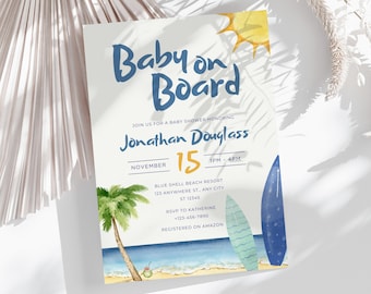 Invitación para baby shower de niño con temática de surf. Baby shower surfista. Descarga instantánea editable. Baby shower playero. Surf / Descarga digital imprimible. BOB1