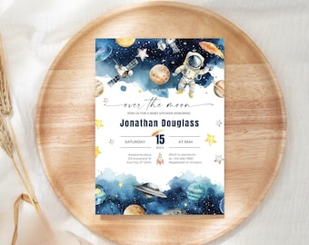 Space Themed Baby Boy Shower Invitations Sprinkle Outer Astronaut Galaxy Planet Over The Moon Invite Printable Digital Download 5TYI9S