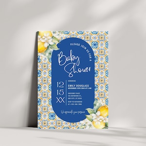 Italian Themed Baby Shower Invite Citrus Mediterranean Lemon Orange Positano Blue Tile Invitation Digital Editable Printable YTCVMN20