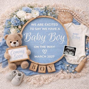 May include: A baby announcement featuring a blue felt letter board with the text "Baby Boy" and "Coming Soon." A teddy bear, baby shoes, and a onesie with the name "John" are also included. The announcement is decorated with blue and white flowers.