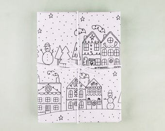 Winter scene tissue paper on FSC eco-friendly paper with soy based inks. Christmas scene design with santa, snowmen & snowflakes, recyclable