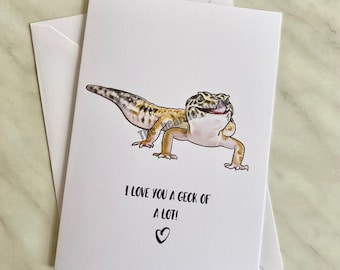 Biglietto di auguri vuoto con geco leopardo, "Ti amo un sacco"