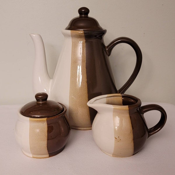 Braune Steinzeug Teekanne Kaffeeheber Milchkännchen Zuckerdose Set Dreifarbig Vintage