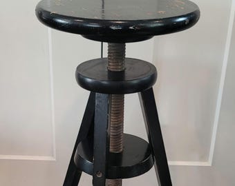 Vintage lkea Black Wooden Stool Distressed Adjustable