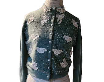 Vintage Cashmere Cardigan | Novelty Premier Green Cardigan Beaded Butterflies | Beautiful One of a Kind Cashmere Women Small